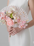Pink Fan Wedding Bouquet, Silk Flower Bridal, Oriental Handheld Bouquet with Ribbon silk flower