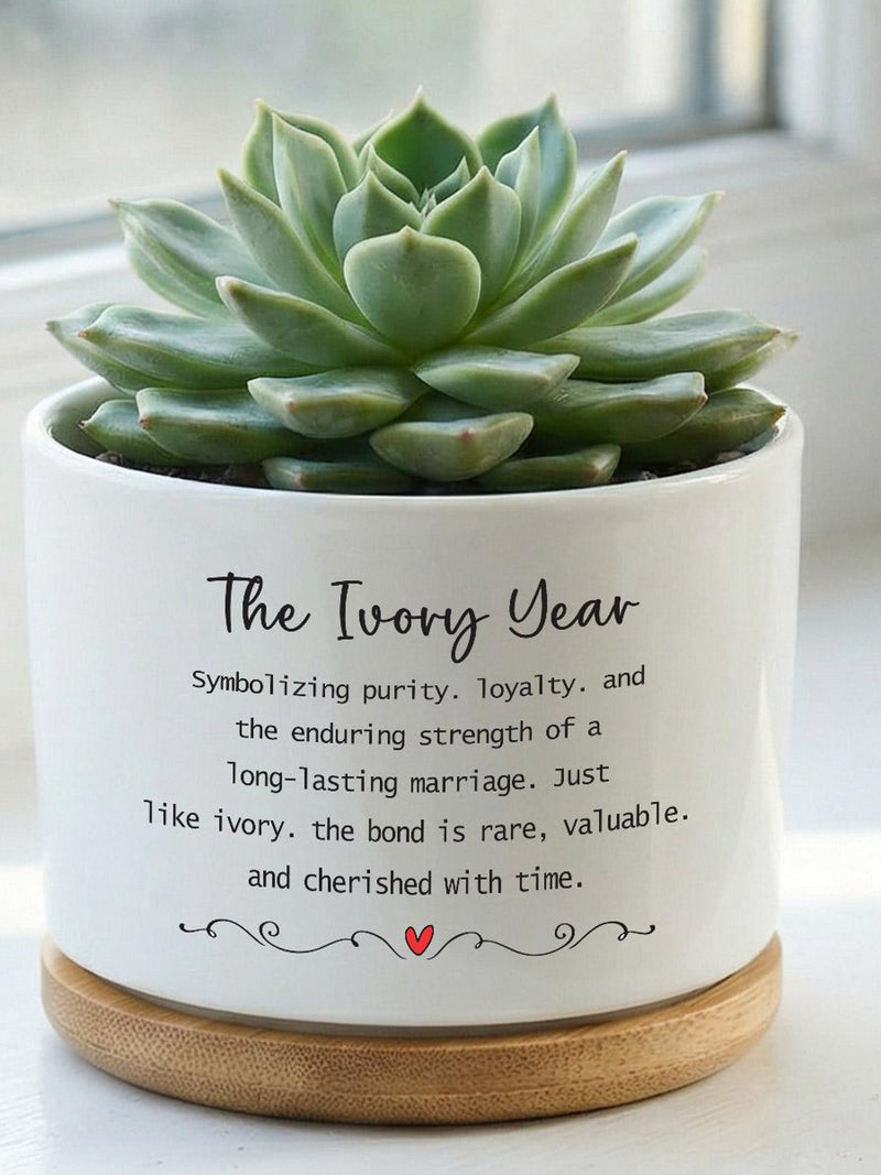 Ivory Anniversary Ceramic Planter, ÒThe Ivory YearÓ Gift Pot,Personalized Wedding Anniversary Gift,Succulent Pot with Bamboo Tray,Home Decor ANNIVERSARY