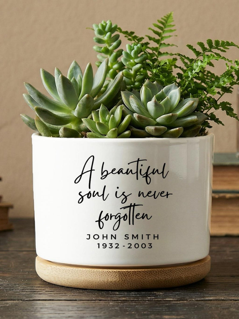 Personalized Memorial Succulent Pot, Minimalist White Planter with Quote, Sympathy Gift for Loss, Remembrance Decor sympathy flower