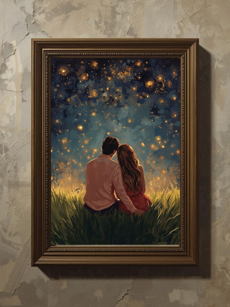 Romantic Couple Wall Art, Firefly Night Sky Painting, Love Illustration Print, Starry Dreamy Artwork Love Romance Flower