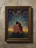 Romantic Couple Wall Art, Firefly Night Sky Painting, Love Illustration Print, Starry Dreamy Artwork Love Romance Flower