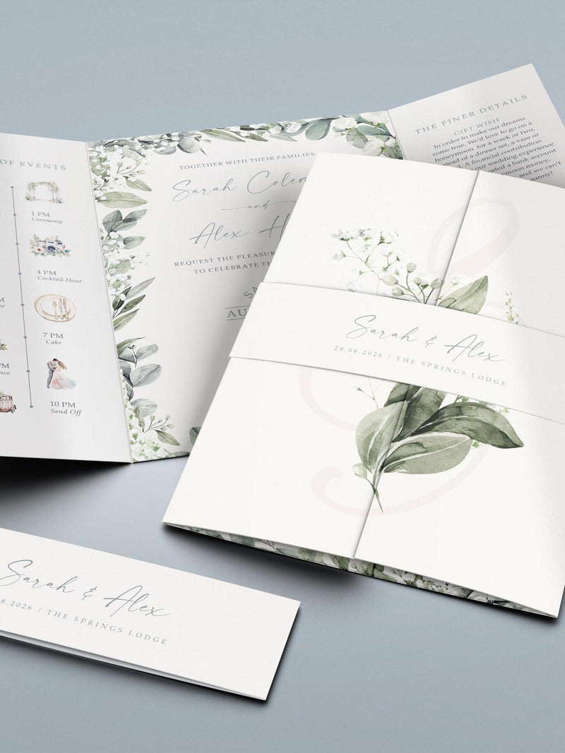 Baby's Breath Wedding Invitation Set |  Personalised Gatefold Design | Sage Green Rustic Gypsophila with Envelopes wedding flower