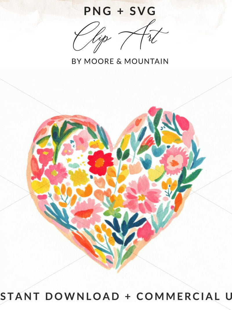 Preppy Floral Heart Digital Art, Watercolor Flower Clipart, Heart SVG, Wedding Invitation Design, Love Graphic, Printable Art, PNG, Vector Love Romance Flower