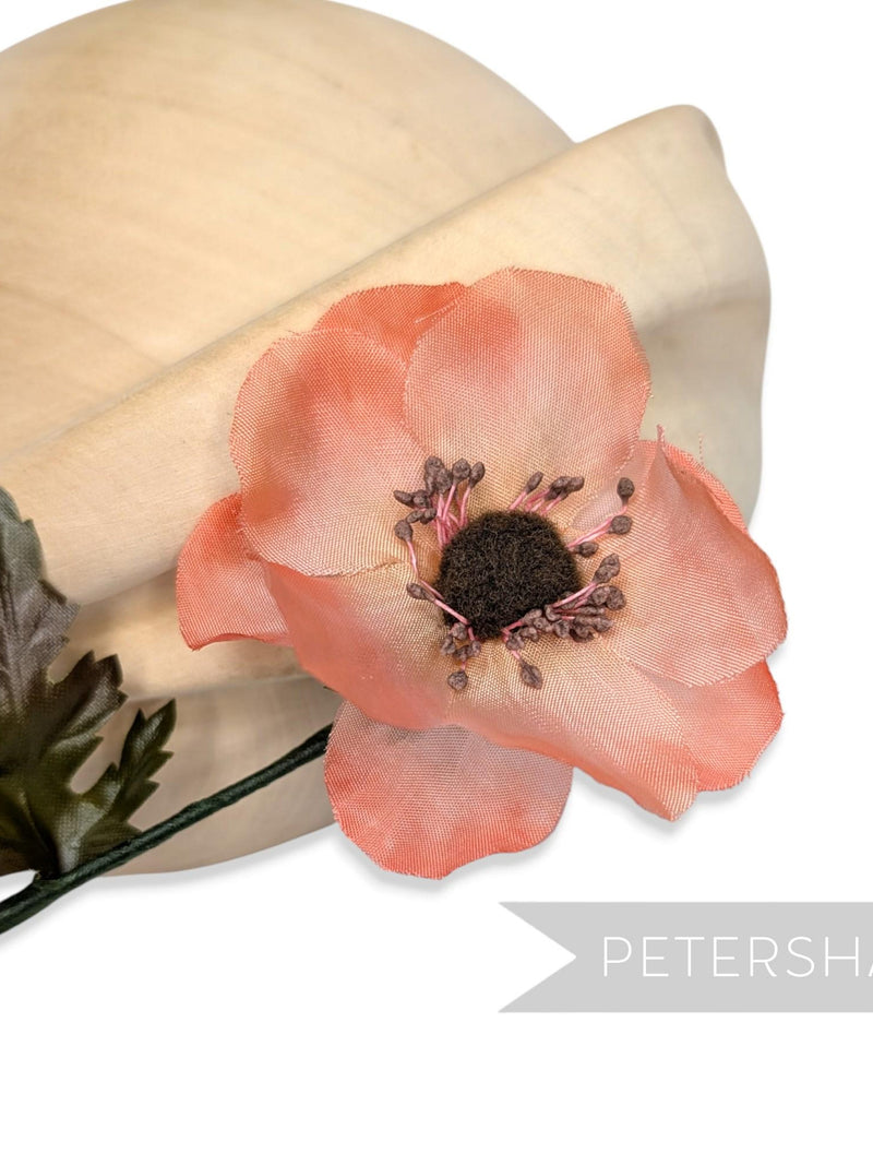 Coral 'Jolie' Vintage Japanese 1960s Silk 8cm Anemone Flower Wired Flower for Millinery silk flower