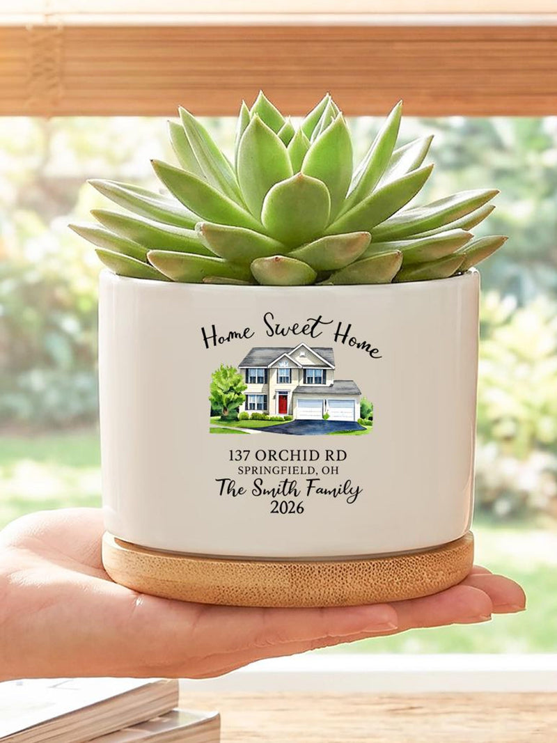Personalized Ceramic Succulent Pot With Tray,Custom House Portrait Planter,Housewarming Gift For Couples,New Home Address Name Year Keepsake house warming flower