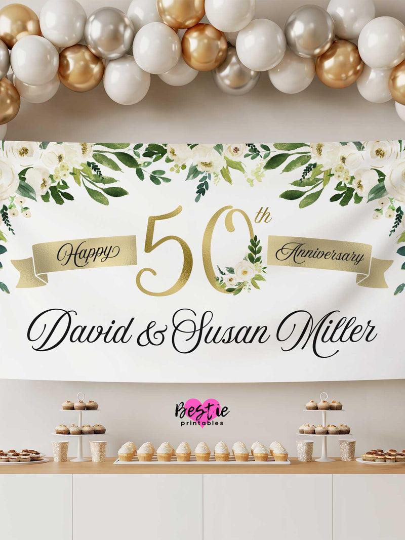 Personalized 50th Anniversary Banner, Greenery, White Flowers & Gold (Vinyl or Digital) ANNIVERSARY