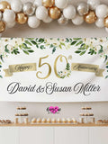 Personalized 50th Anniversary Banner, Greenery, White Flowers & Gold (Vinyl or Digital) ANNIVERSARY