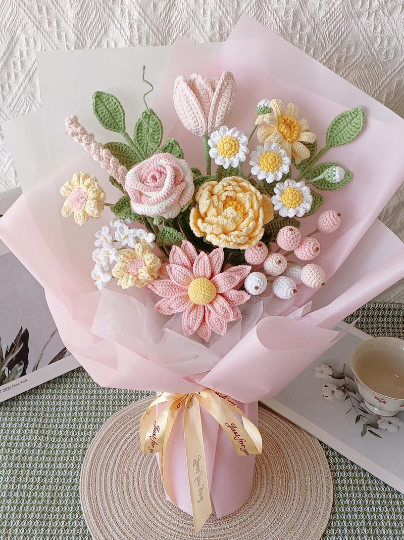 Hand-crochet bouquet, Candy colors yarn flowers, Peony, daffodil, rose, daisy, gerbera, lavender, snow fruit, tulip, forget-me-not Bouquet