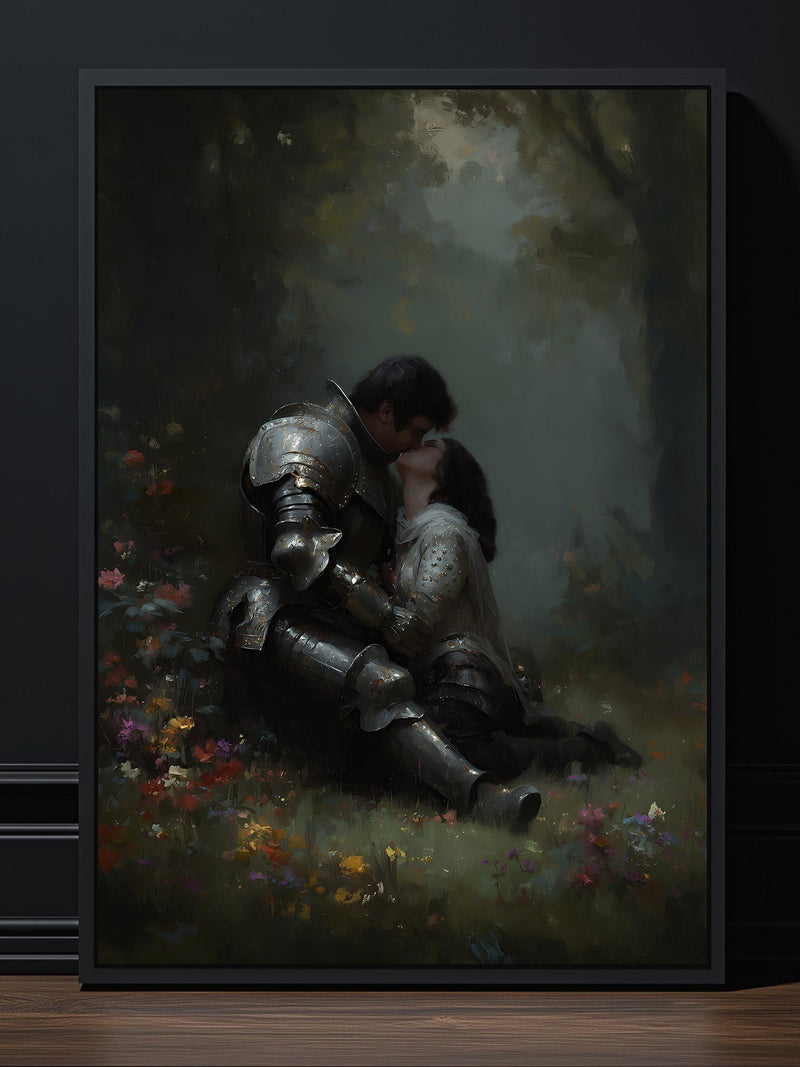 Knight and Princess Kissing Poster: Dark Romantic Print Love Romance Flower