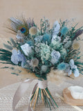 Boho Blue Green Wedding Bouquet, Preserved Rose Bridal Bouquet, Feather accent bouquet, Natural texture bouquet, Wedding Keepsake bouquet wedding flower