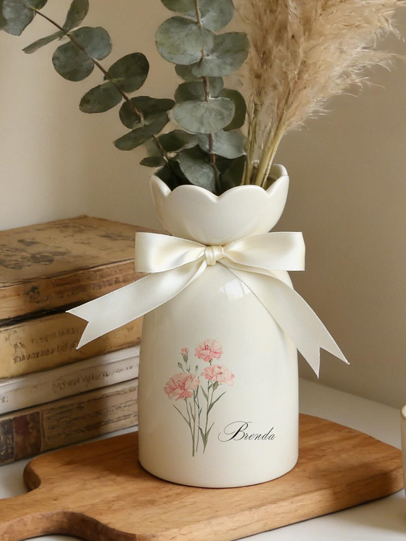 Personalized Birth Flower Vase With Name, Ceramic Vase Birthday Gift, Gift for Mom, Birthday Gift for Grandmother, Bridesmaid Gifts with Bow birthday flower