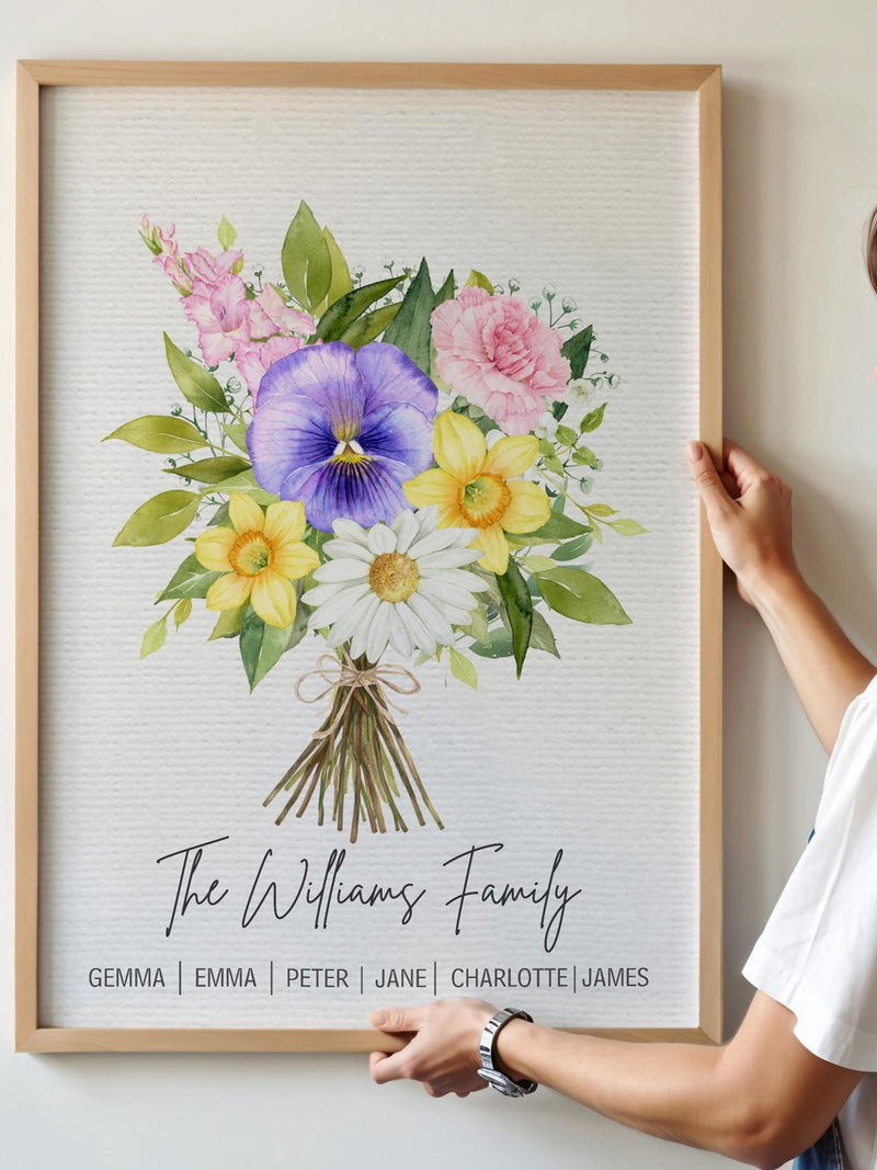Custom Birth Month Flowers, Personalized Flower Family Print, Custom Floral Wall Art with Names, Watercolor Flower Family Name Sign, H3530 birthday flower