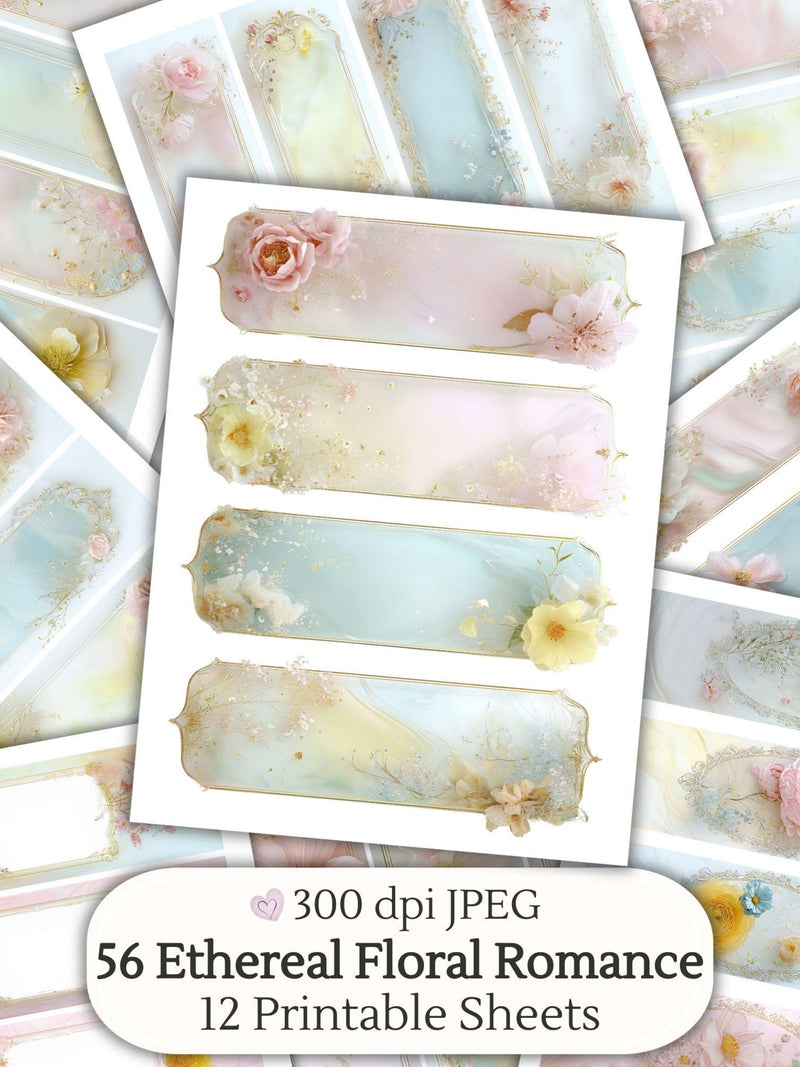 Ethereal Floral Romance Labels Printable Ephemera, Flower Junk Journal Digital Download, Pastel Shabby Chic Instant Scrapbook Craft Planner Love Romance Flower