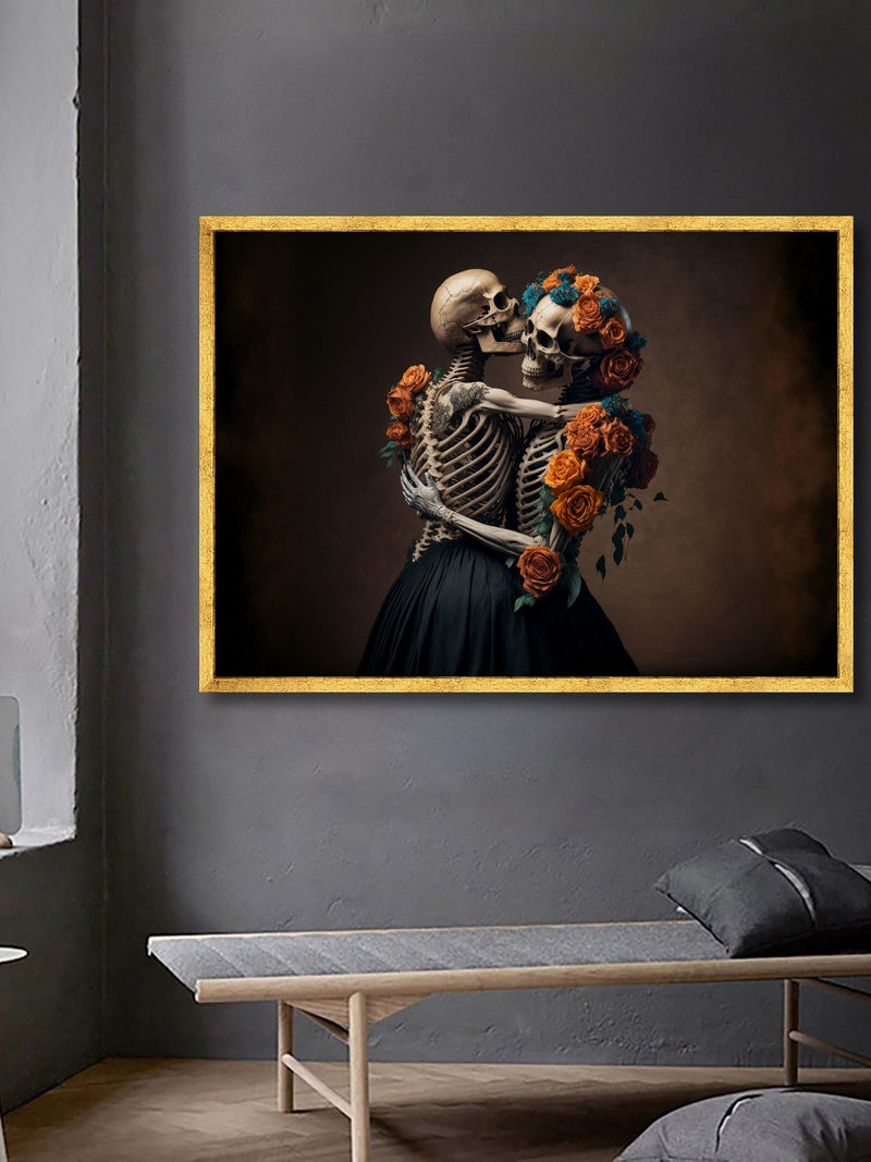 Romantic Skeleton Embrace Canvas, Day of the Dead Wall Art, Floral Skull Art, Gothic Love Decoration, Halloween Home Canvas Framed Wall Art Love Romance Flower