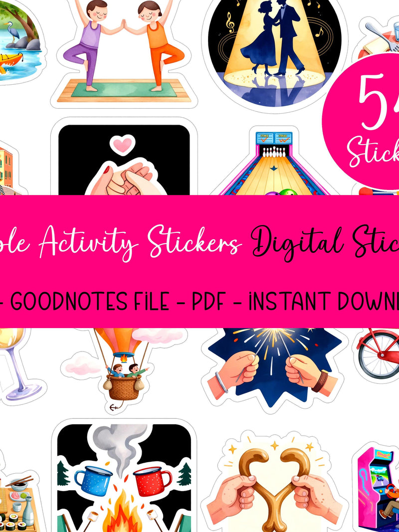 Couple Activity Digital Sticker Bundle 54 Precropped PNG iPad Stickers Date Night Goodnotes Planner Romance Love Pair Instant Download Gift Love Romance Flower