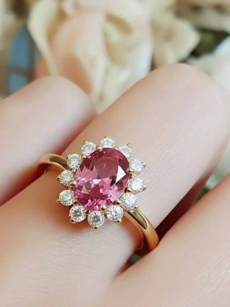 Flower Inspired Ring, Pink Ruby Oval Cut Diamond Engagement Ring, Unique Halo Ring, 925 Sterling Silver Floral Ring, Anniversary Gift Ring ANNIVERSARY