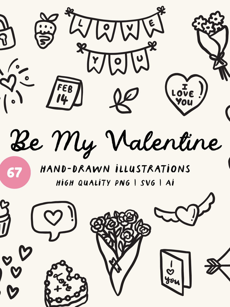 Love You Hand-Drawn Clipart Bundle - Love Hearts, Flowers and Bows PNG, SVG & AI Love Romance Flower