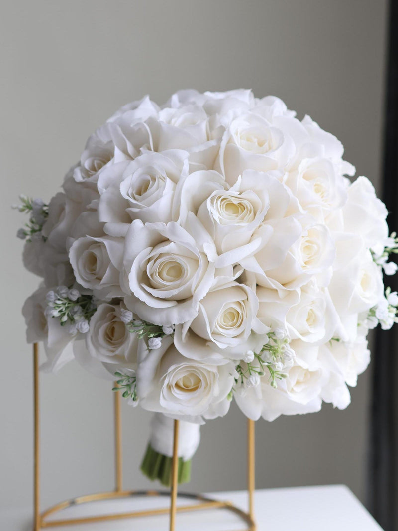 Morandi Soft White Fake Bridal Bouquet: Real Touch Roses, Baby's Breath Wedding Bouquets, Spring Summer Artificial Flower, Boutonniere Bouquet