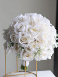 Morandi Soft White Fake Bridal Bouquet: Real Touch Roses, Baby's Breath Wedding Bouquets, Spring Summer Artificial Flower, Boutonniere Bouquet