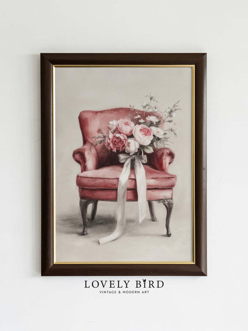 Romantic Valentine Chair Print, Pink Roses Flower Bouquet Painting, Floral Wall Art Printable V114 Love Romance Flower