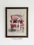 Romantic Valentine Chair Print, Pink Roses Flower Bouquet Painting, Floral Wall Art Printable V114 Love Romance Flower