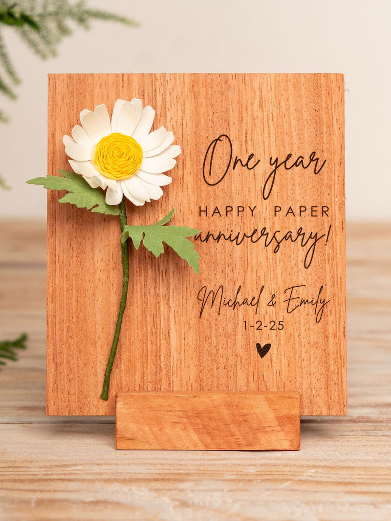 Paper Anniversary Gift, Custom Wood Or Paper Card with Handmade Paper Flowers, Personalized First Year Gift Card, Handmade Flowers for Her ANNIVERSARY