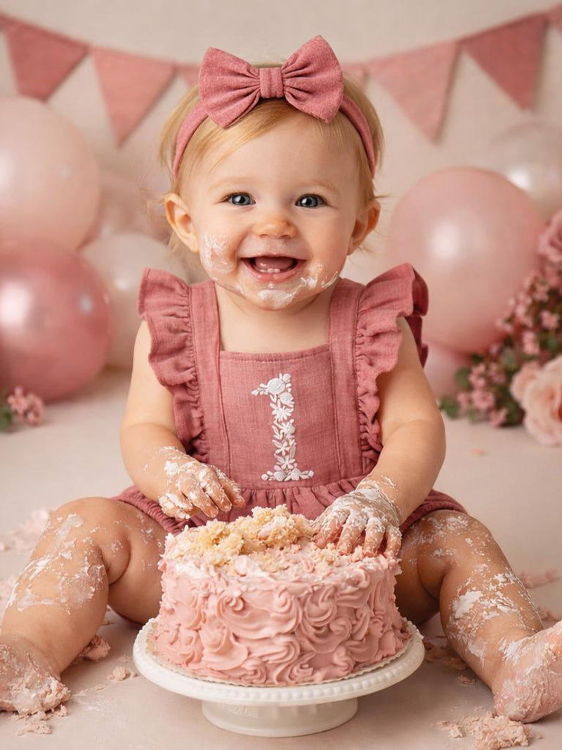 1 Floral Embroidered Natural Cotton Muslin Romper 1st Birthday Girl Outfit, Boho Floral First, Cake Smash Outfit, Dusty Rose, Pastel Colors birthday flower