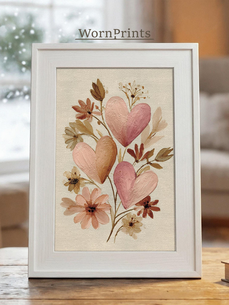 Floral Heart Wall Art Print Ñ Soft Pink Hearts and Wildflowers (Digital Download) VP22 Love Romance Flower
