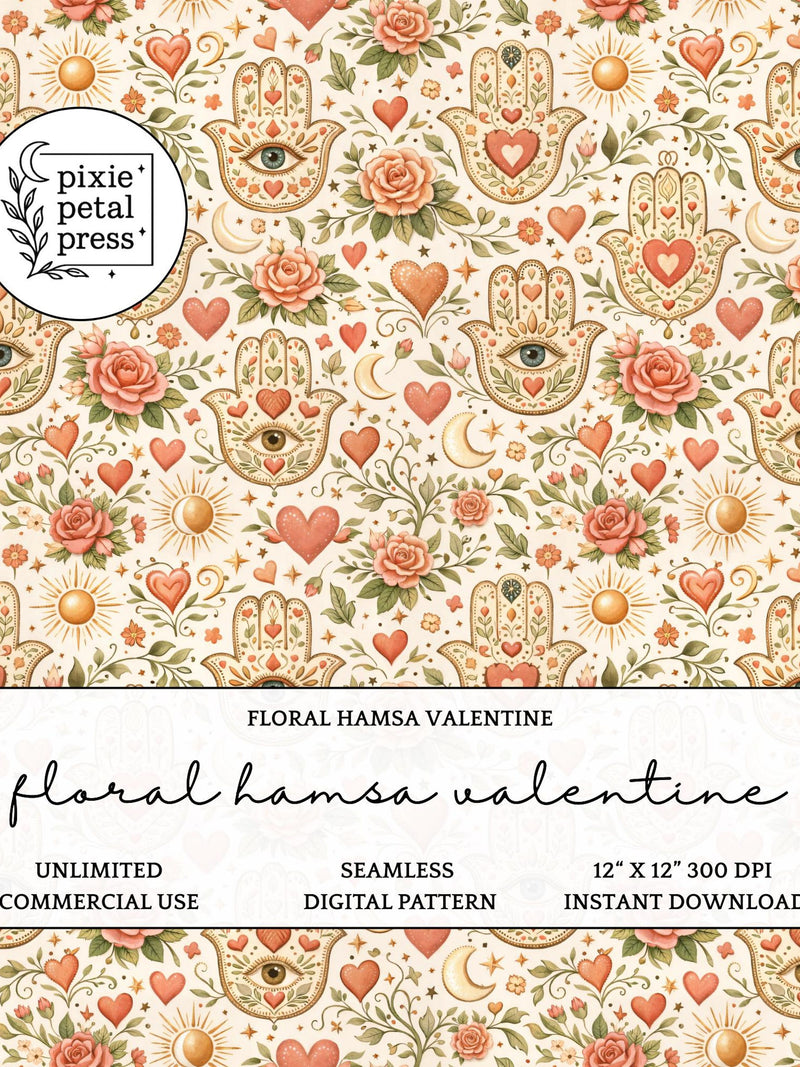 Floral Hamsa Valentine Seamless Pattern 300 DPI PNG Botanical Antique Vintage Rose Evil Eye Love Heart Watercolor Art Digital Fabric POD Love Romance Flower
