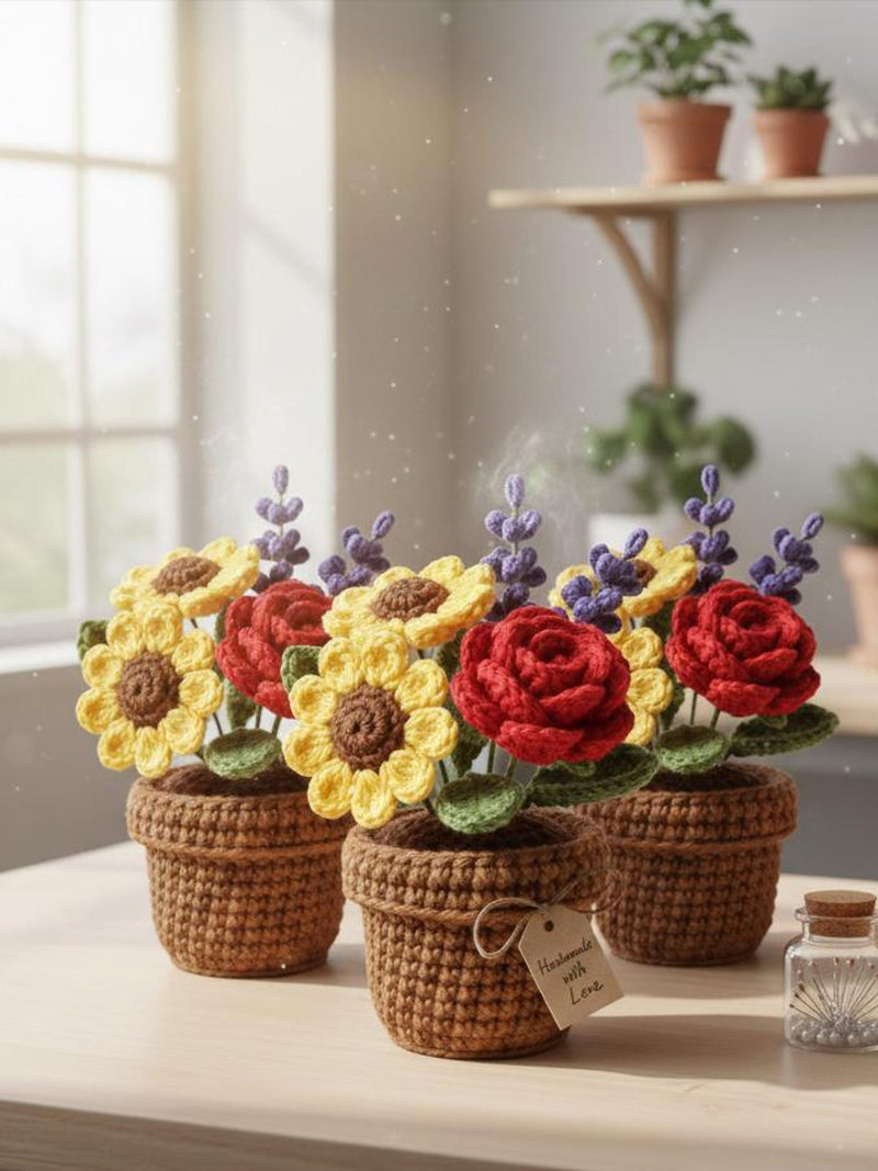 Crocheted Potted Floral Arrangement Pattern PDF Rose Sunflower Lavender Decor Confident Beginner Tutorial house warming flower