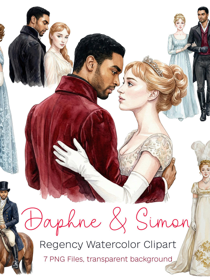 Regency-Era Watercolor Clipart, Simon & Daphne Bundle Ð 7 PNG Elements Ð Romantic Graphics Ð Transparent Background Love Romance Flower