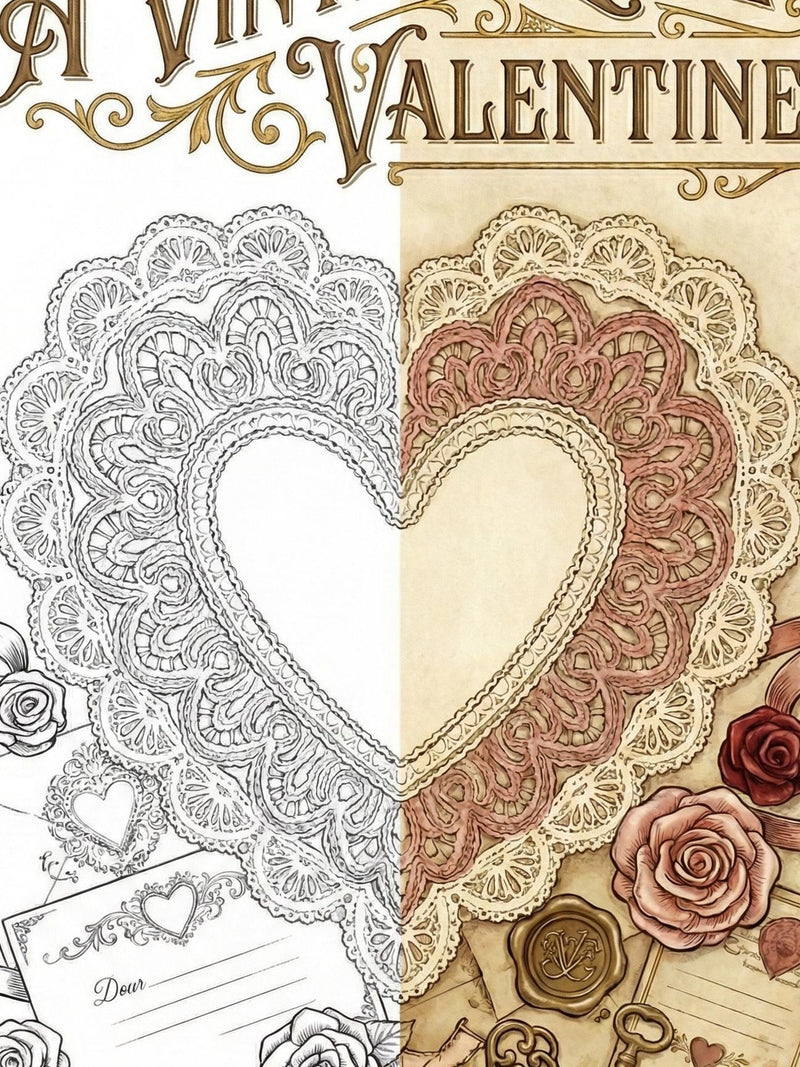 Vintage Lace Valentine printable Coloring Book | Vector Hearts, Roses & Love Art | Romantic Adult Coloring Pages PDF | ValentineÕs Day Gift Love Romance Flower