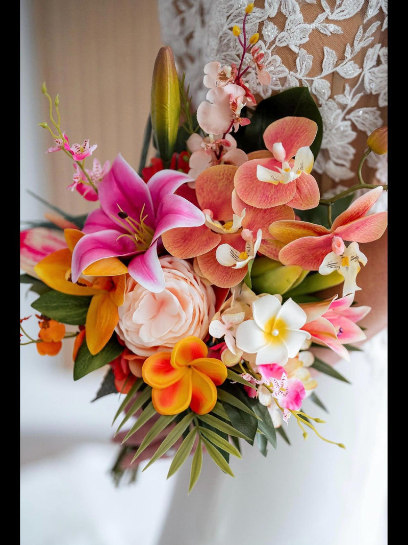 Tropical flowers, Pink Orange Coral bouquet, Orchid bouquet, Bright colored wedding flowers, Beach wedding, Tropical silk flowers, Lily silk flower