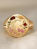 Personalized Initial Ring, Birth Flower Ring, The Rose Enamel Ring, Custom Jewelry For Women, Birthday Gift For Her, Handmade Jewelry. ANNIVERSARY