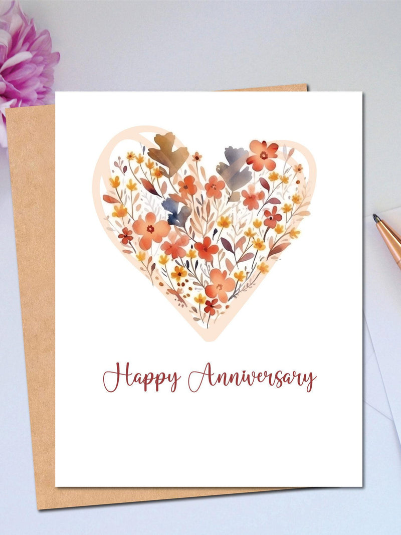 Anniversary Card for Couple Heart Bouquet Happy Anniversary Card Autumn Colors for Her Floral Heart Simple Anniversary Card for Wife ANNIVERSARY