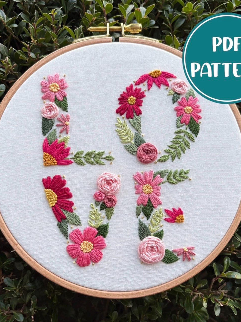 PDF Pattern - Love Grows Here, Floral LOVE Valentine's Day Embroidery Pattern, DIY Hand Embroidery Love Romance Flower