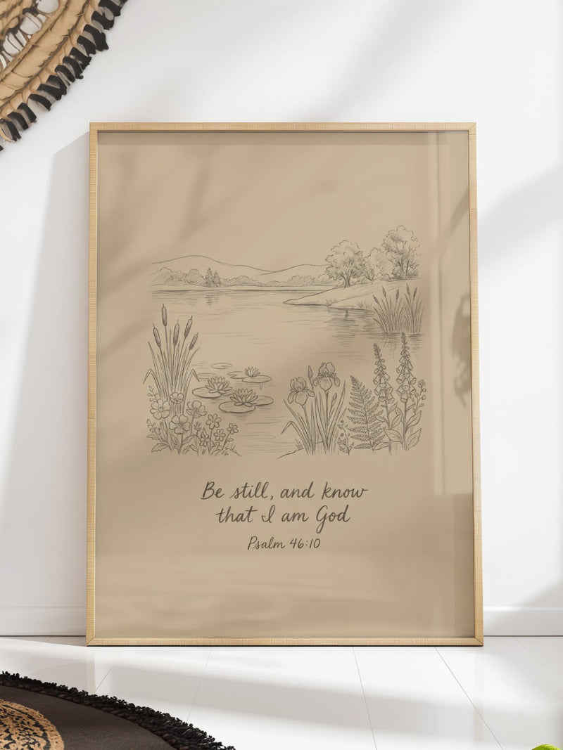 Framed botanical scripture wall art print, meadow line drawing and 'Be still, know' text