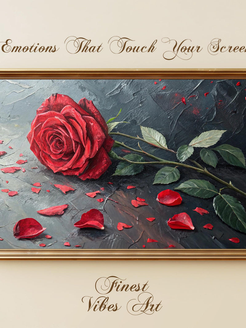 Red Rose Wall Art for Frame TV, Romantic Floral Painting, Dark Moody Flower Art Love Romance Flower