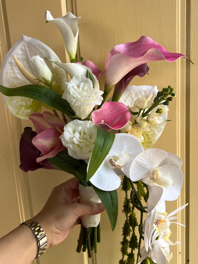 White blush pink burgundy calla lily, amaranthus, anthurium, cymbidium orchid head, cascading silk flower bouquet Bouquet