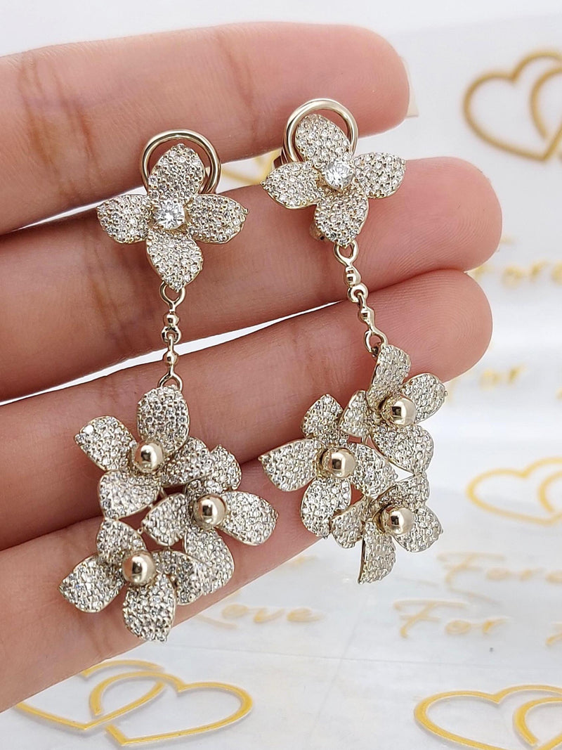 14k Gold Flower Drop, Custom made Solid Dangling Gold Earring with Flower Charms, Bubble Flower Earring Charm, Flower Earrings, Perfect gift ANNIVERSARY