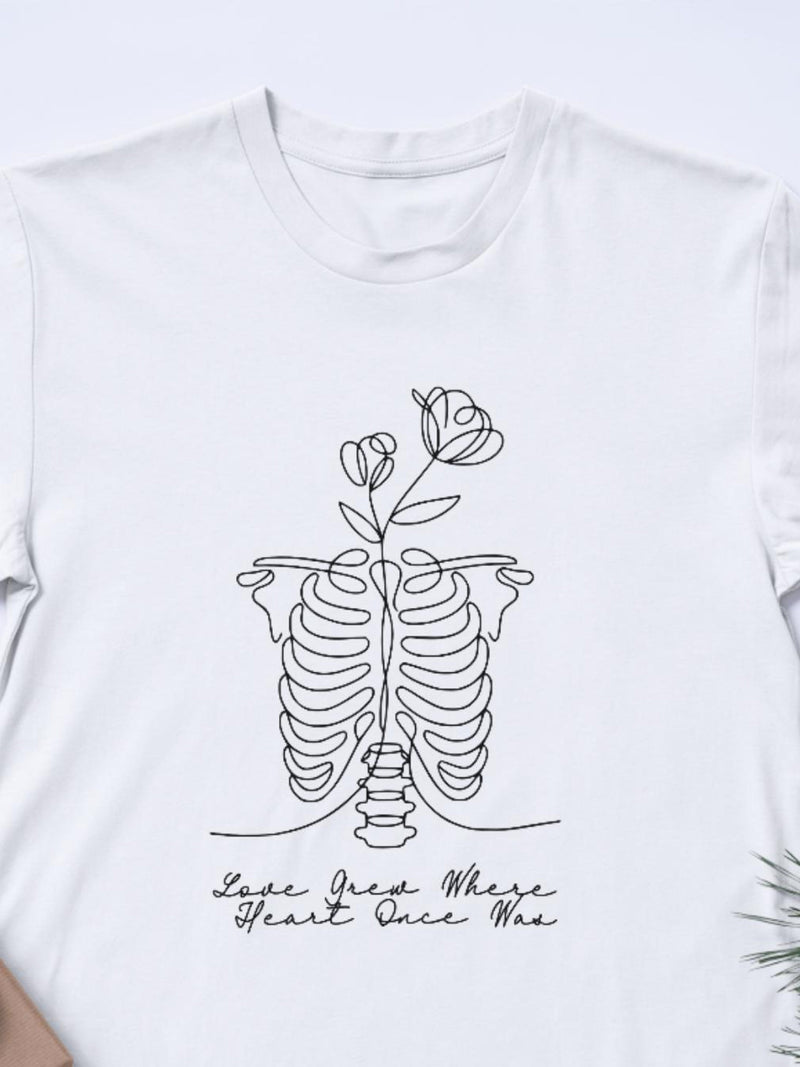 Love Grew Where Heart Once Was Tee, Gothic Romance Tee, Skeleton Ribs & Flowers Design, Dark Botanical Apparel, Unisex Softstyle T-Shirt Love Romance Flower