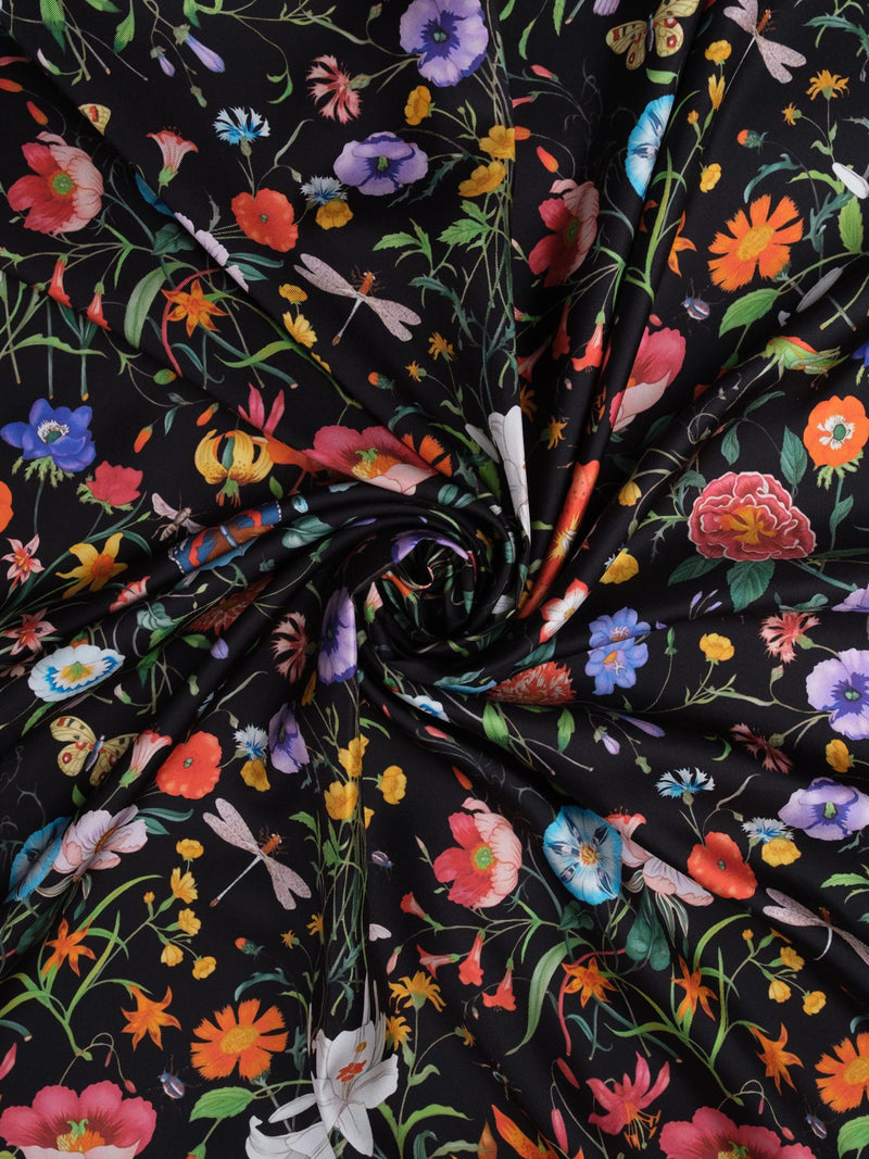 Dark silk twill fabric with multicolor flora and flower pattern