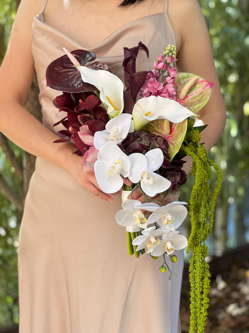 Mulberry White burgundy Green Cascading Bridal Wedding Bouquet: anthurium, amaranthus, orchid, calla lily silk flower bridal bouquet Bouquet
