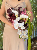 Mulberry White burgundy Green Cascading Bridal Wedding Bouquet: anthurium, amaranthus, orchid, calla lily silk flower bridal bouquet Bouquet