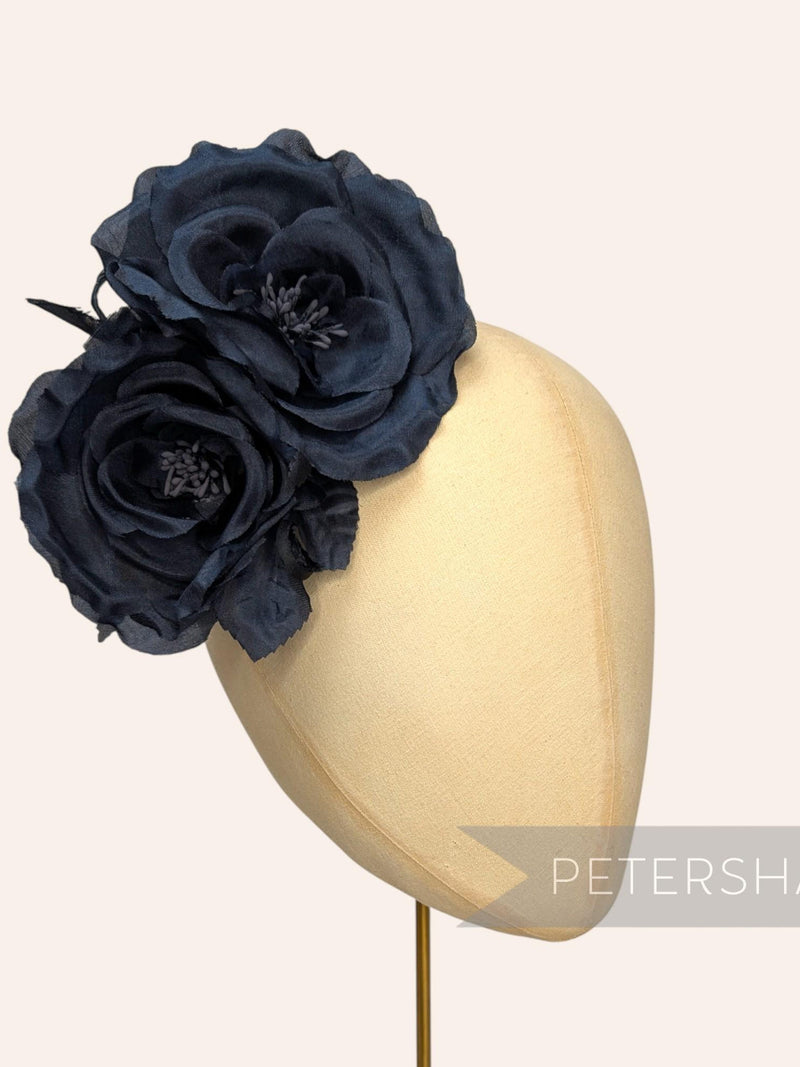 Navy Blue Silk 'Fiona' Double Rose Millinery Fascinator Flower Hat Mount silk flower