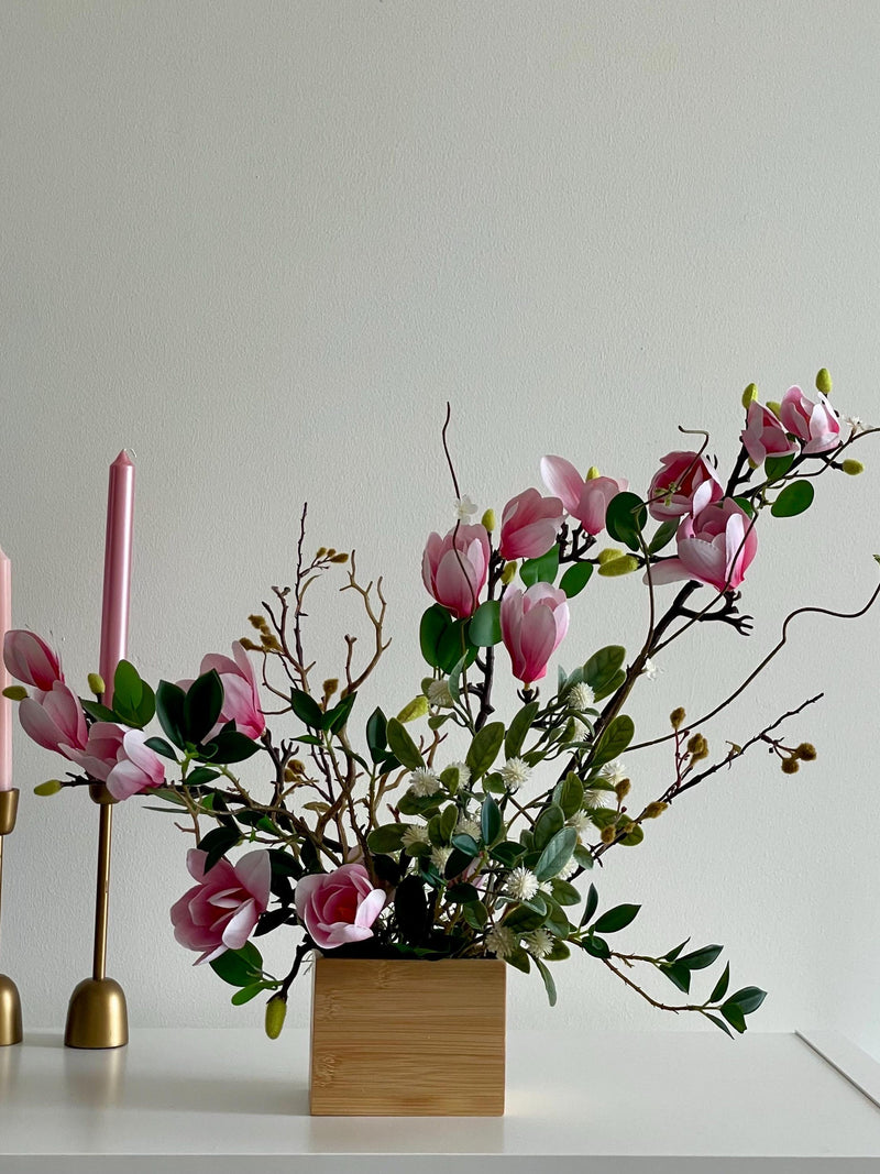 Silk Magnolia Centerpiece: Japanese Minimalist Floral Arrangement in Wood Vase silk flower