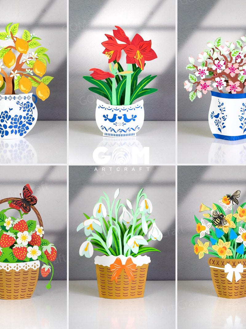 Set 6 Flower Pop-up Card Template, Daffodils Card SVG, Snowdrop Flower - Strawberry - Cherry Blossom - Lemon Card 3D, Spring Pop-up card birthday flower