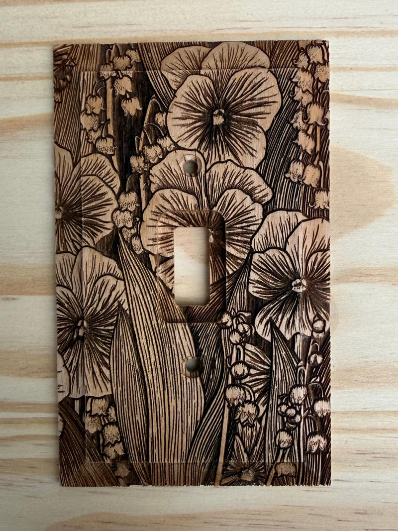 Wooden flower engraved light switch cover - lily of the valley and violets house warming flower