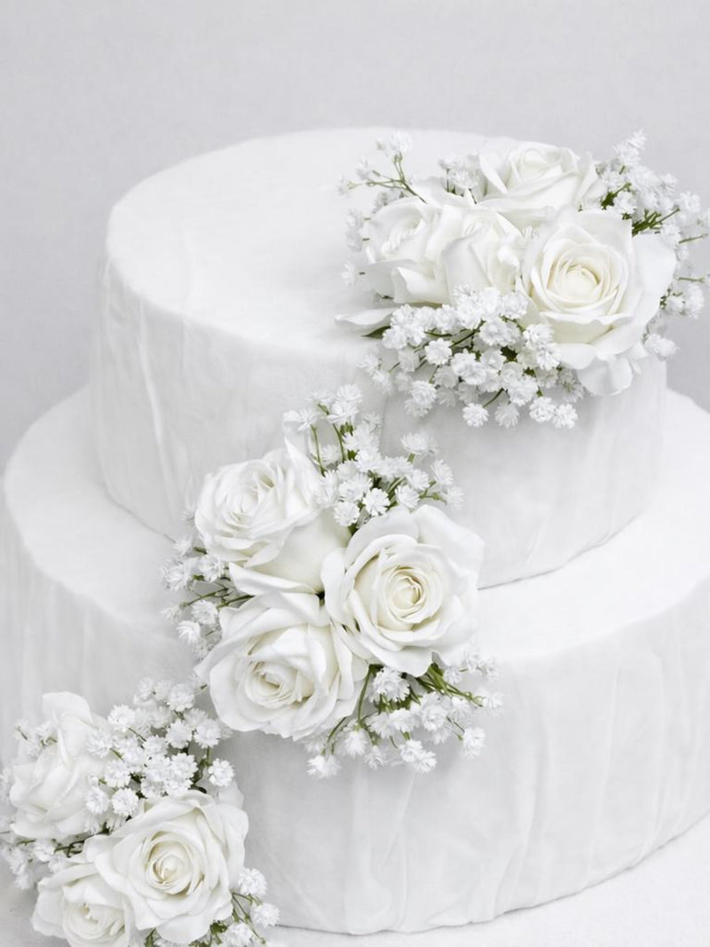 White Cake Decoration Wedding Baby Breath Cake Arrangement Artificial Flowers White Roses Floral Cake Decor Silk silk flower