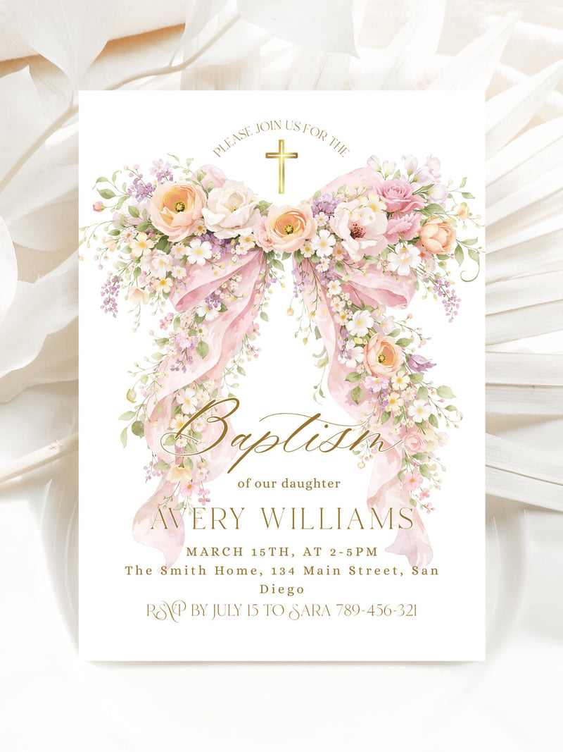 Floral Pink Bow Baptism Invitation, Girl Christening (Editable Canva Template) FLOWER DELIVERY